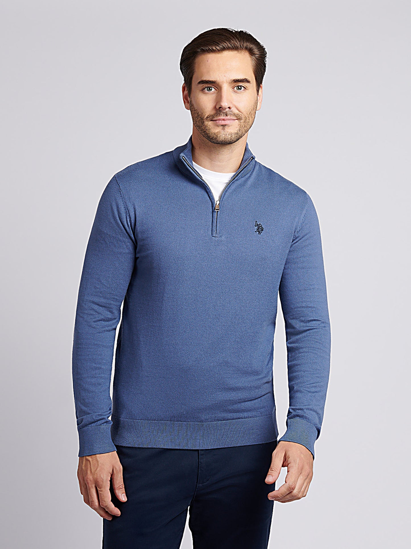 Męski bawełniany lejek szyja 1/4 zip dzianina w vintage Indigo