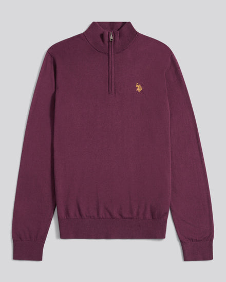 Mens Cotton Sixtnel Neck 1/4 Zip Knit w winu winogronowym