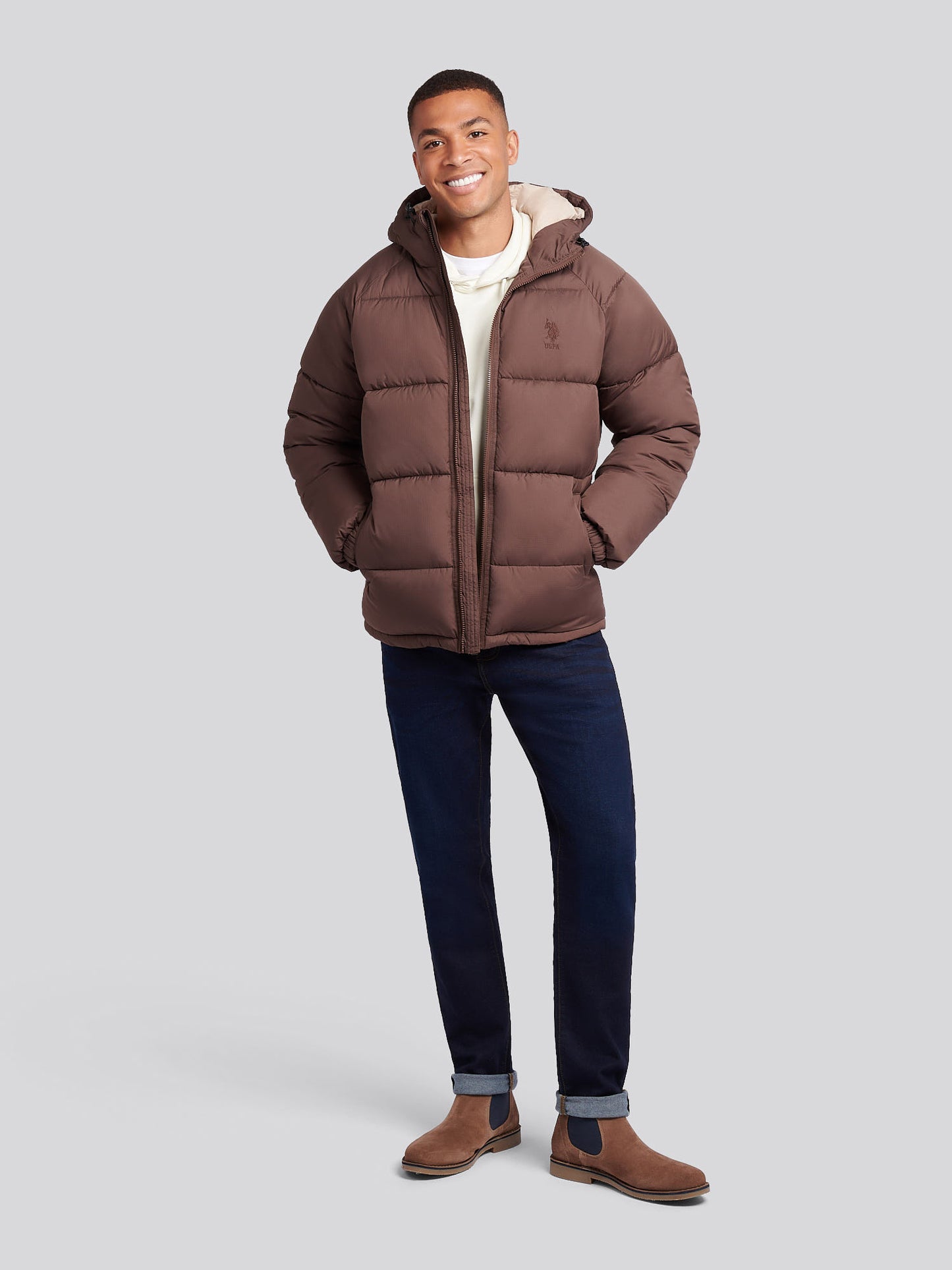 Mens Ripstop Hooded Puffer Jacket in Chocolate Martini