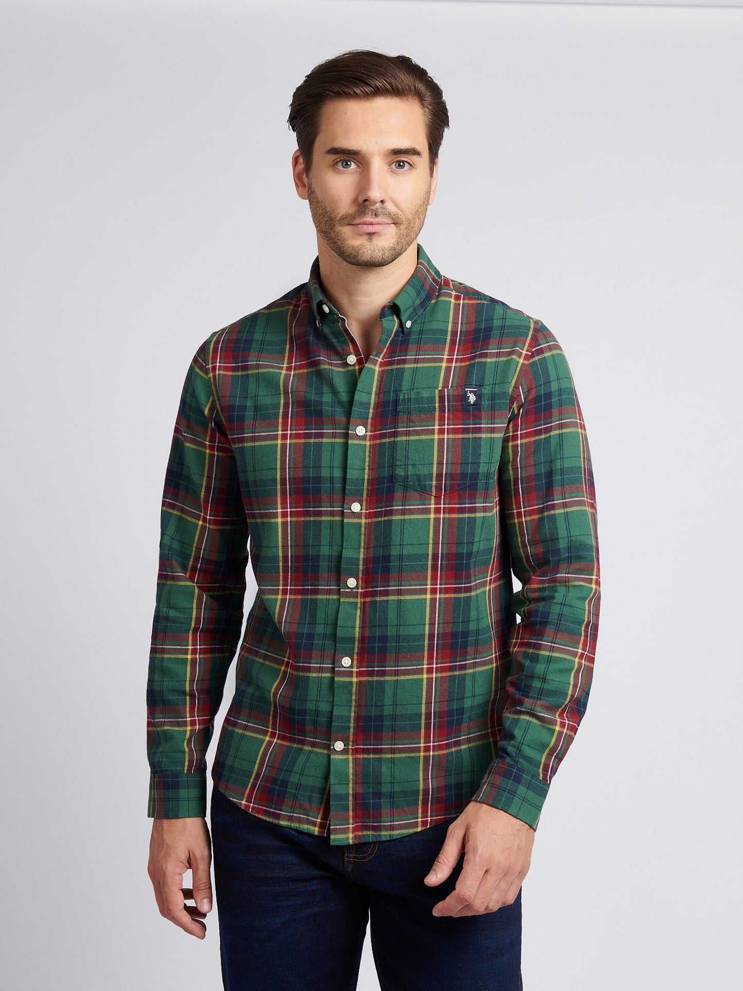 Mens Pocketed Checked Buttondown Shirt in Pineneedle