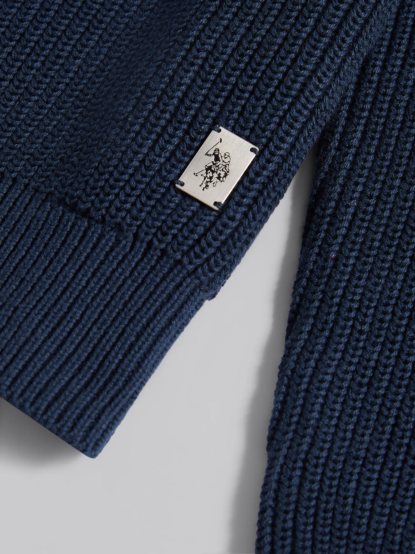 Mens Half Cardigan Stitch Knit Funnel in Dark Sapphire Navy