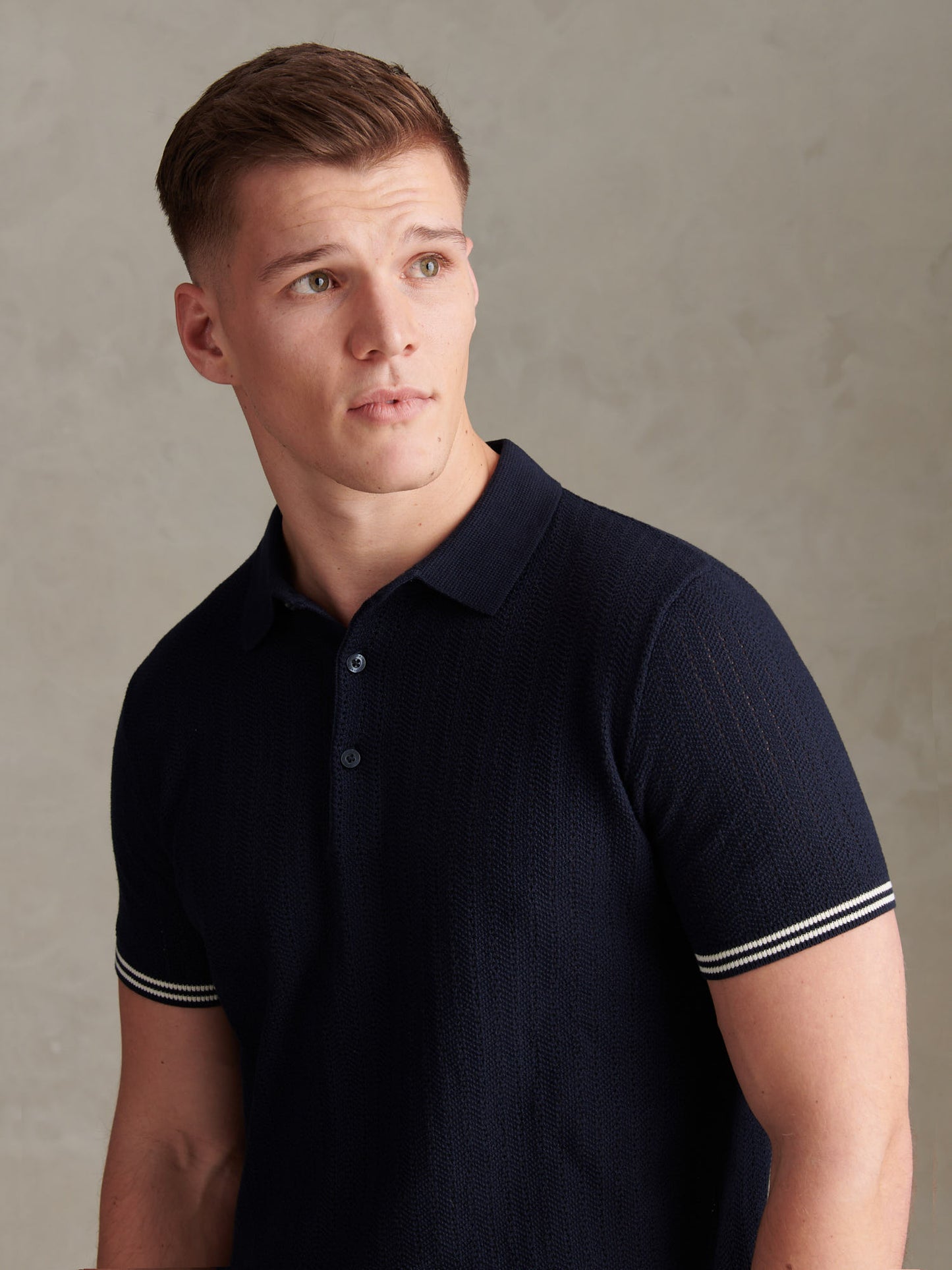 Tipped Open Knit SS Polo Dark Sapphire Navy