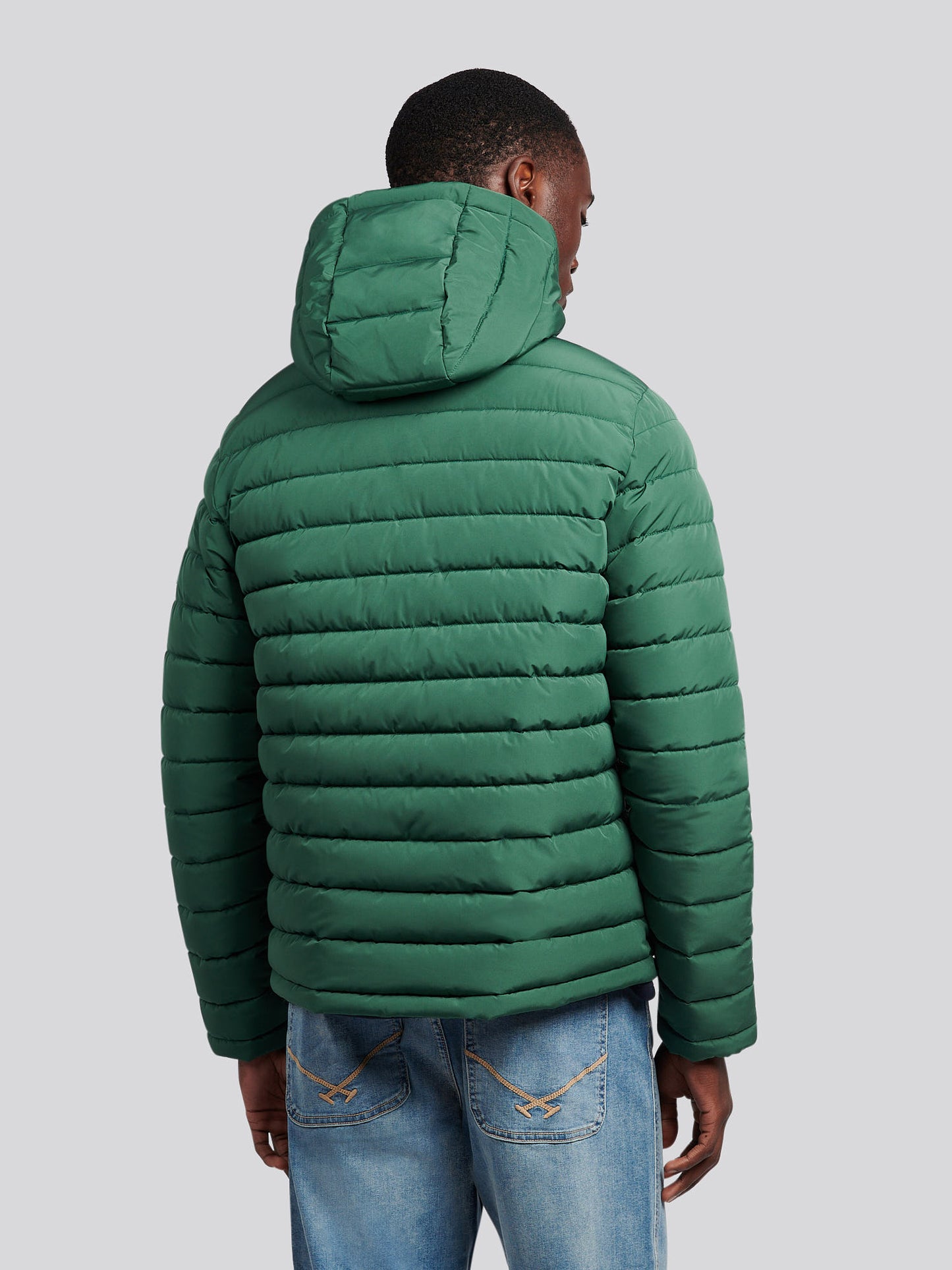 Mens Lightweight Quilt Hooded Puffer in Pineneedle