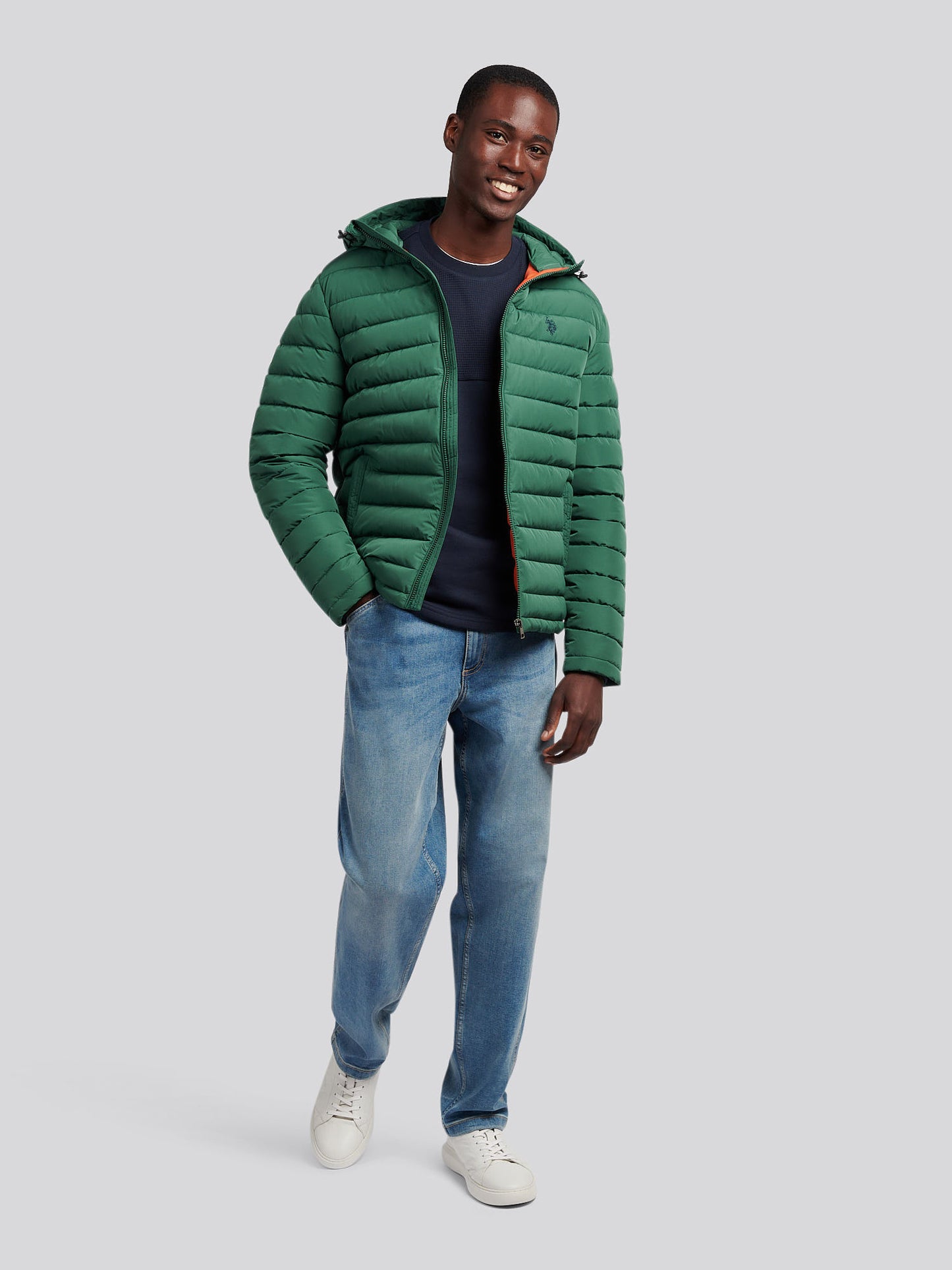 Mens Lightweight Quilt Hooded Puffer in Pineneedle