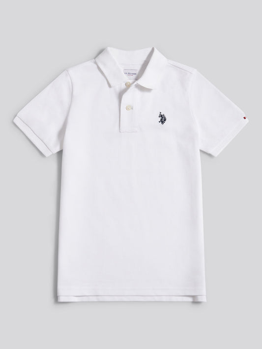 Boys Double Horsemen Polo Shirt in White / Dark Sapphire Navy DHM