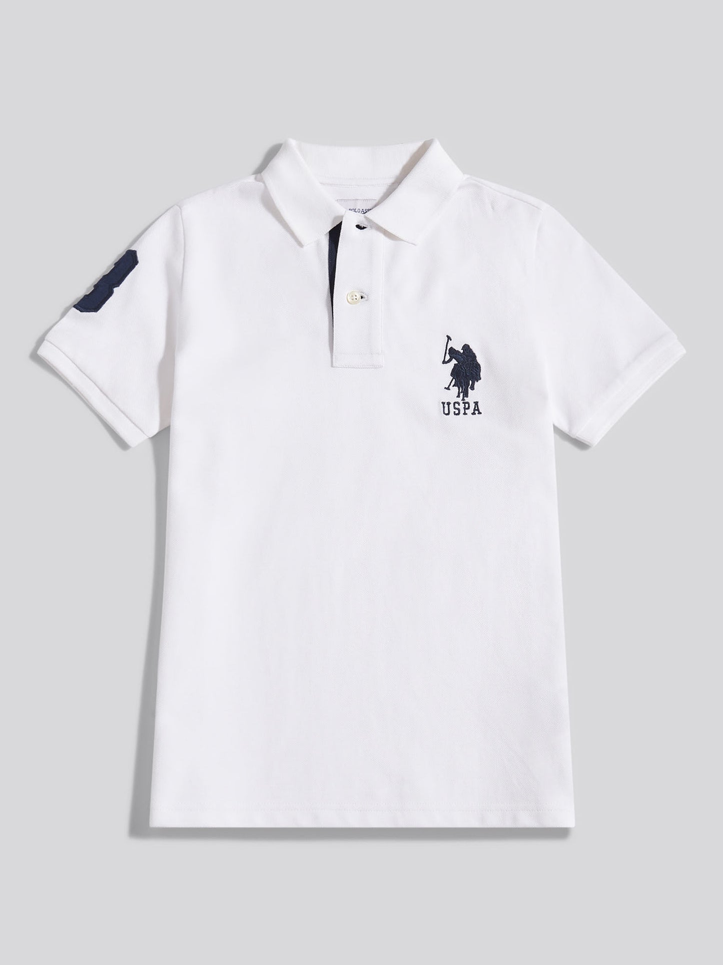 Boys Player 3 Polo Shirt in White / Dark Sapphire Navy DHM
