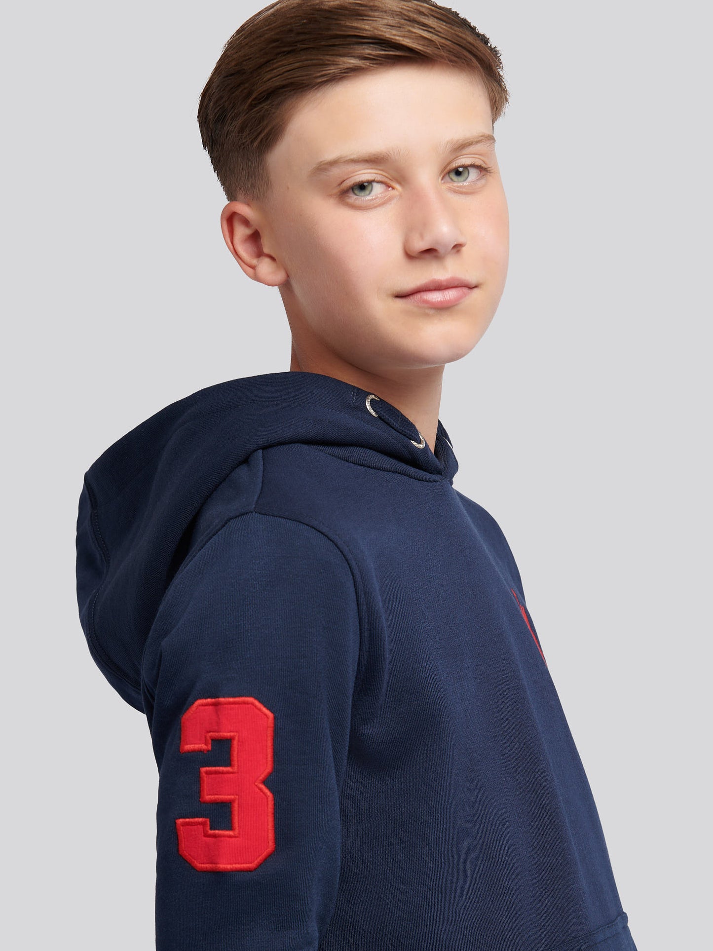 Boys Player 3 Hoodie in Dark Sapphire Navy / Haute Red DHM