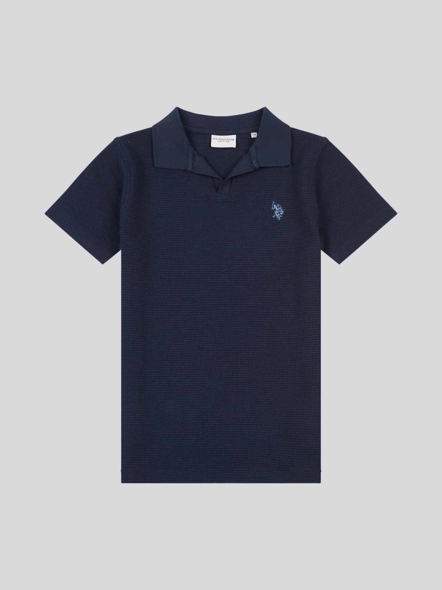 Boys Waffle Texture Open Collar Polo Shirt in Dark Sapphire Navy / Moonlight Blue DHM