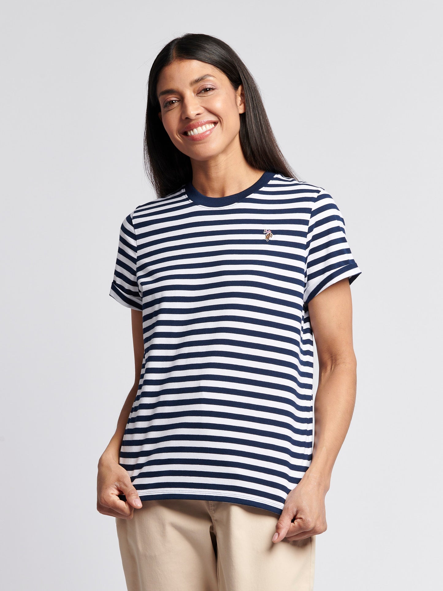 Damskie Stripe Crew Neck T-shirt w granatowej tęczówce