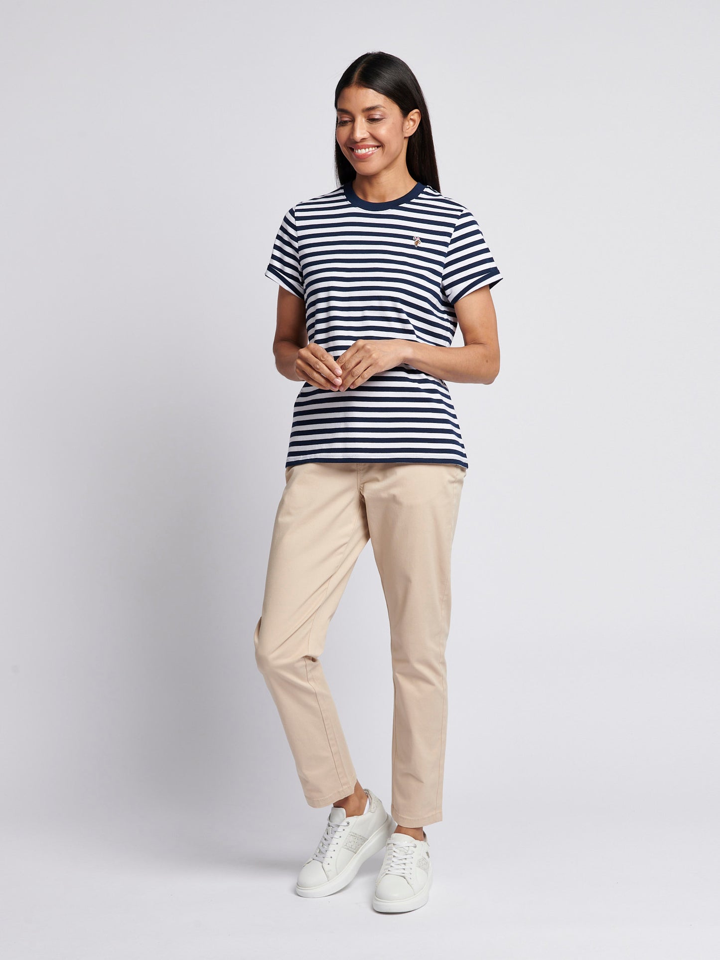 Damskie Stripe Crew Neck T-shirt w granatowej tęczówce