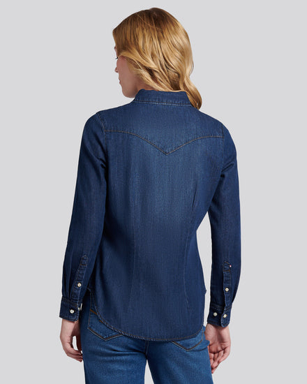 Womens Denim Shirt in Dark Blue Wash