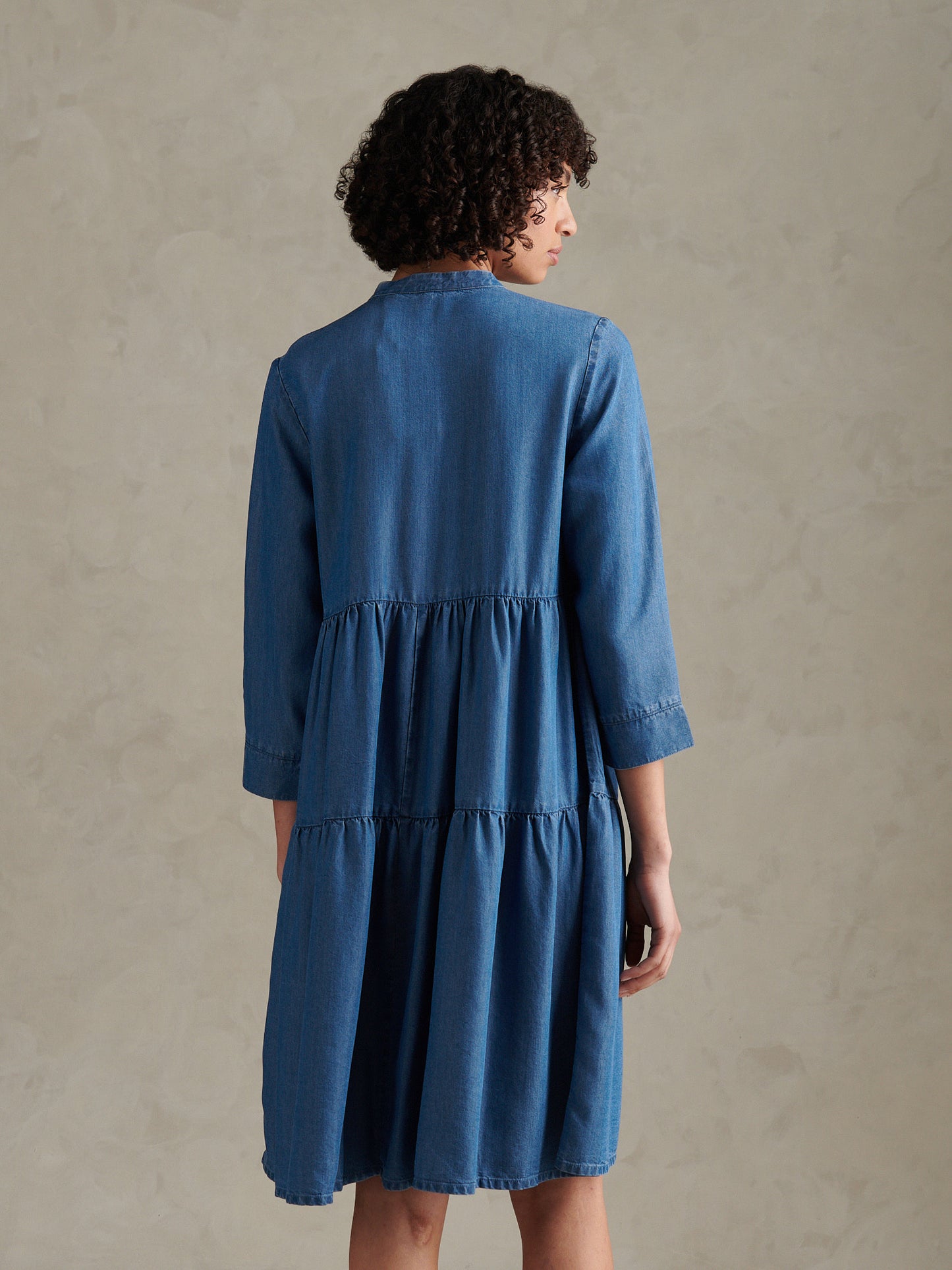 Womens Chambray Mini Tiered Smock Dress Light Blue Chambray