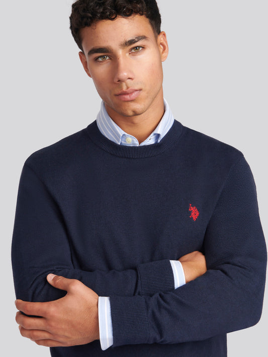 Mens Cotton Crewneck in Dark Sapphire Navy/Haute Red Dhm