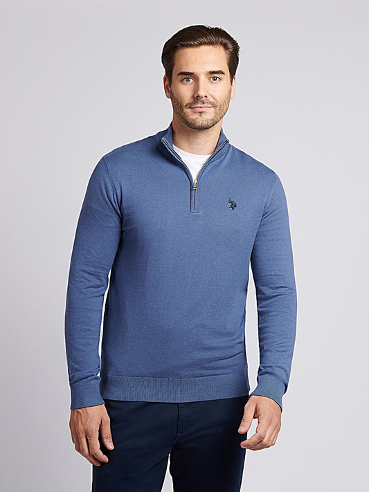 Męski bawełniany lejek szyja 1/4 zip dzianina w vintage Indigo