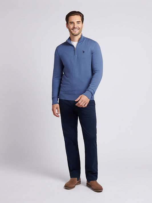 Męski bawełniany lejek szyja 1/4 zip dzianina w vintage Indigo