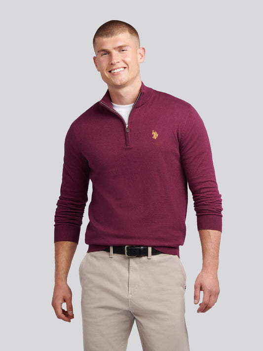 Mens Cotton Sixtnel Neck 1/4 Zip Knit w winu winogronowym