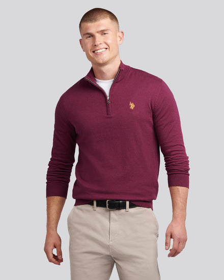 Mens Cotton Sixtnel Neck 1/4 Zip Knit w winu winogronowym