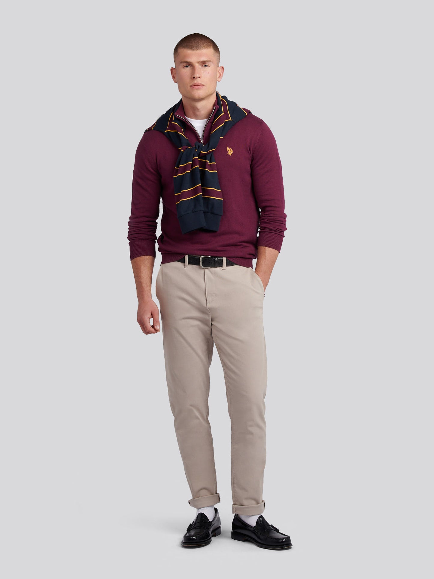 Mens Cotton Sixtnel Neck 1/4 Zip Knit w winu winogronowym