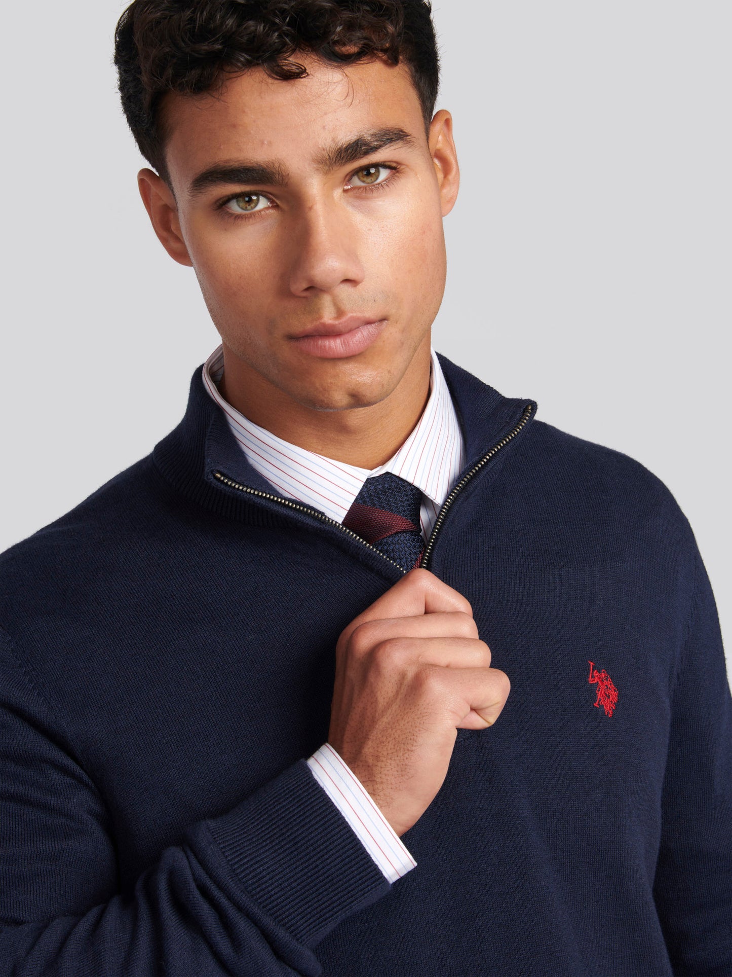 Mens Cotton Funnel Neck 1/4 Zip Knit in Dark Sapphire Navy / Haute Red DHM