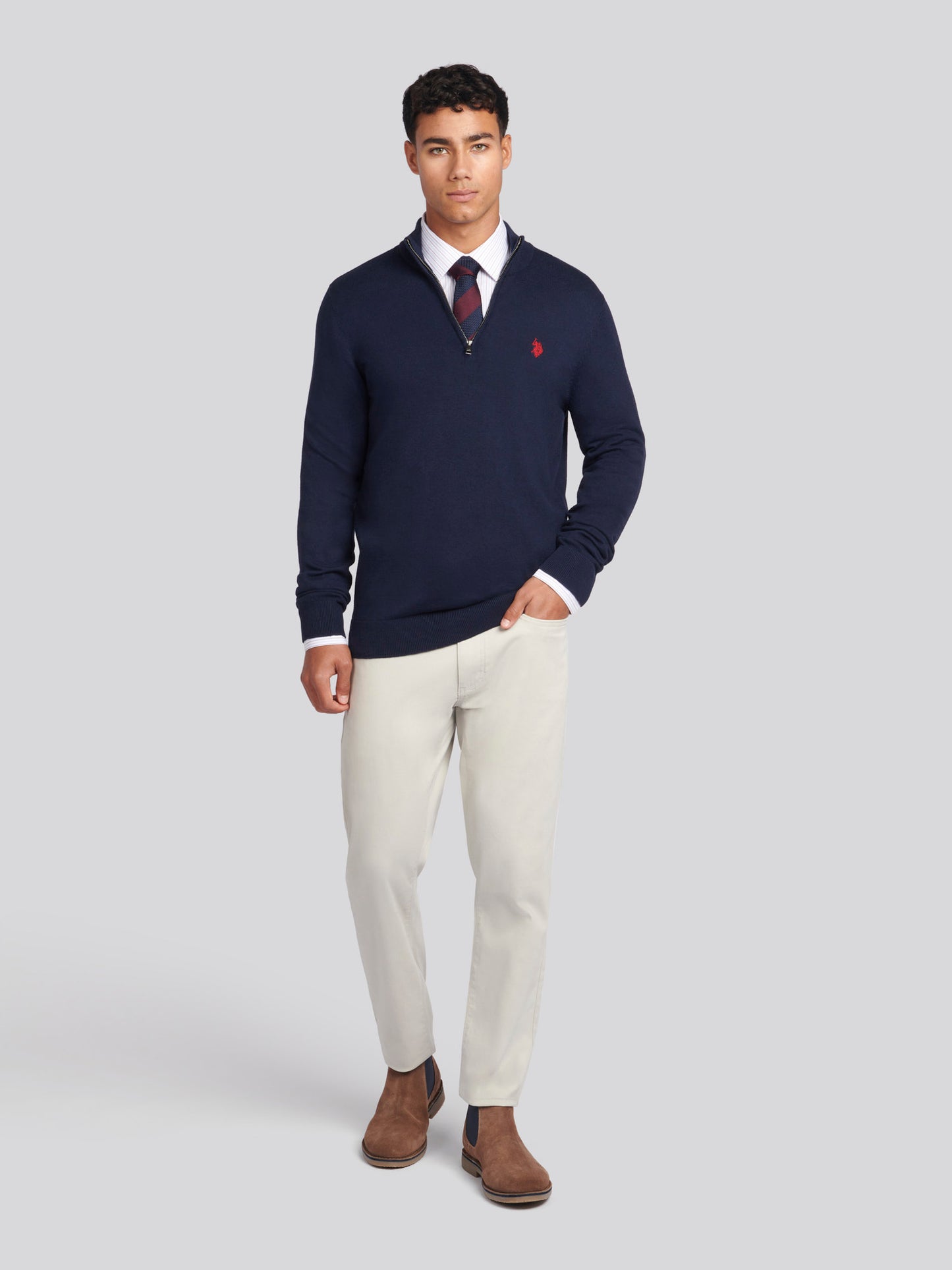 Mens Cotton Funnel Neck 1/4 Zip Knit in Dark Sapphire Navy / Haute Red DHM
