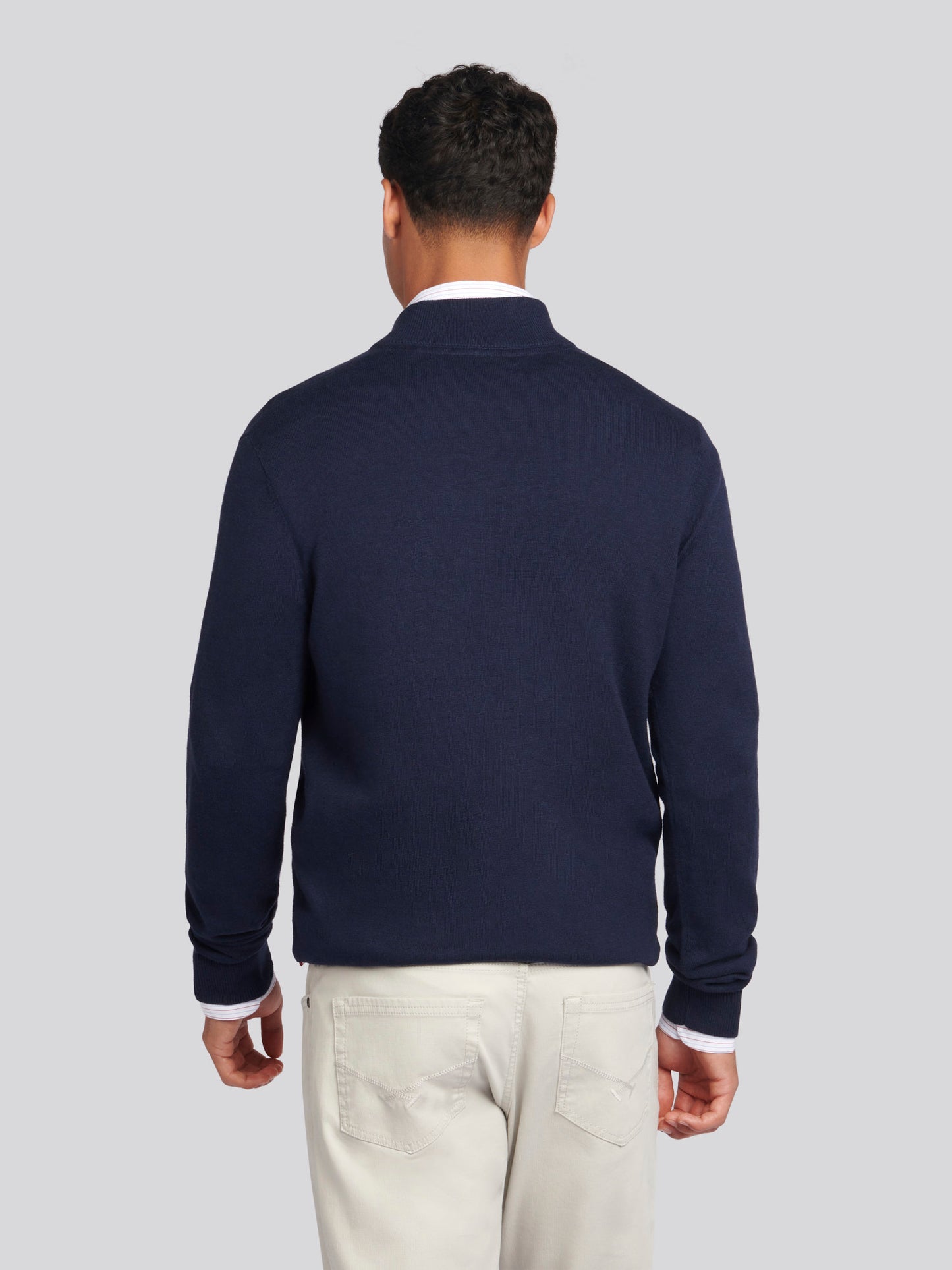 Mens Cotton Funnel Neck 1/4 Zip Knit in Dark Sapphire Navy / Haute Red DHM