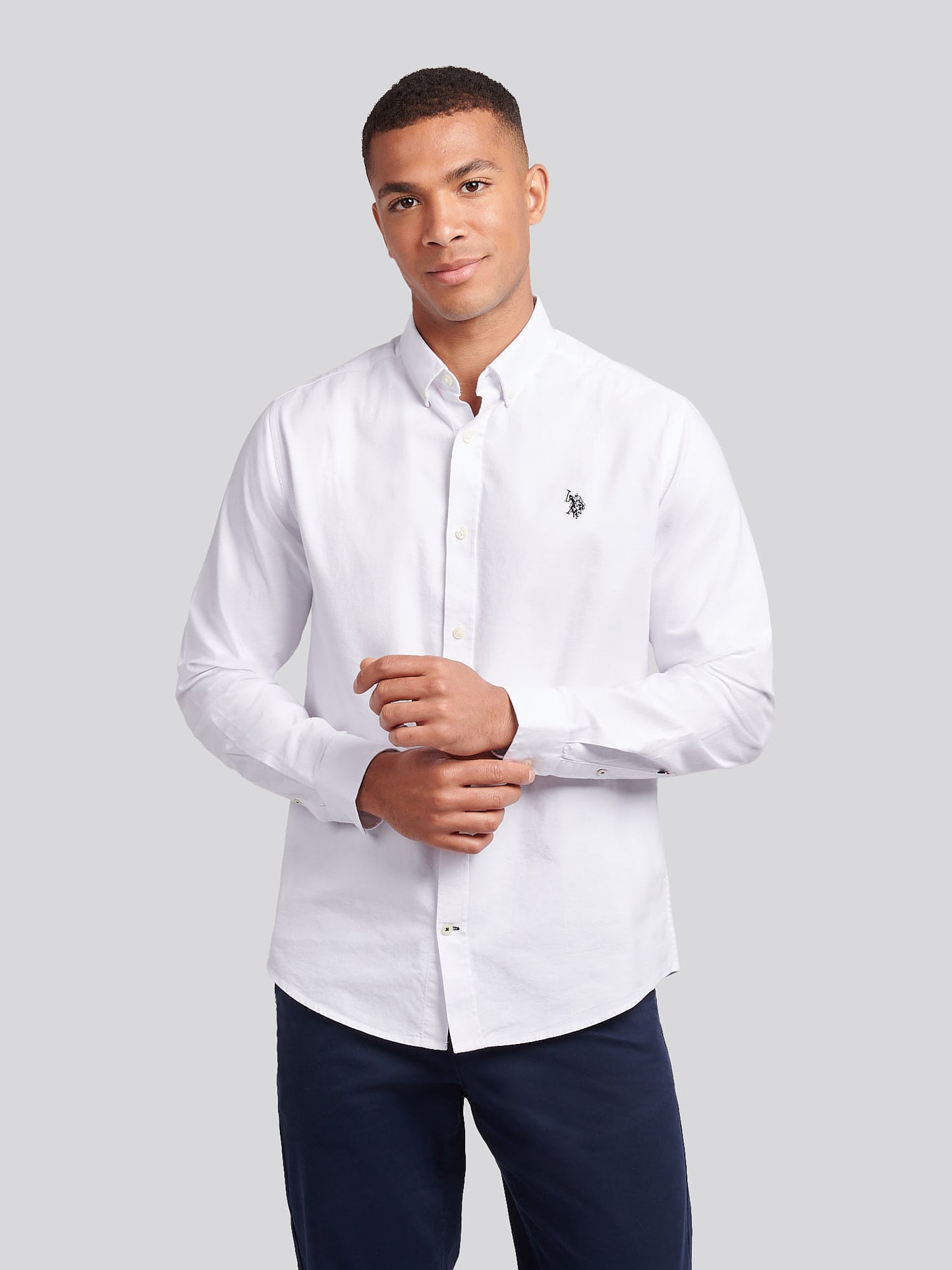 Mens Peached Oxford Shirt  in White / Dark Sapphire Navy DHM