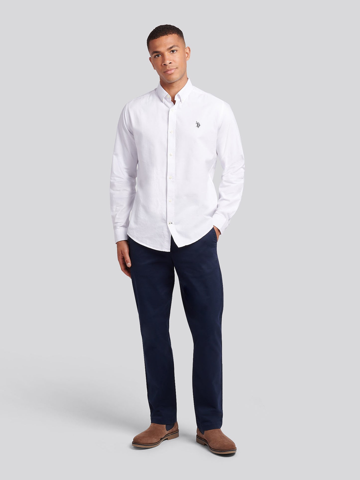 Mens Peached Oxford Shirt  in White / Dark Sapphire Navy DHM