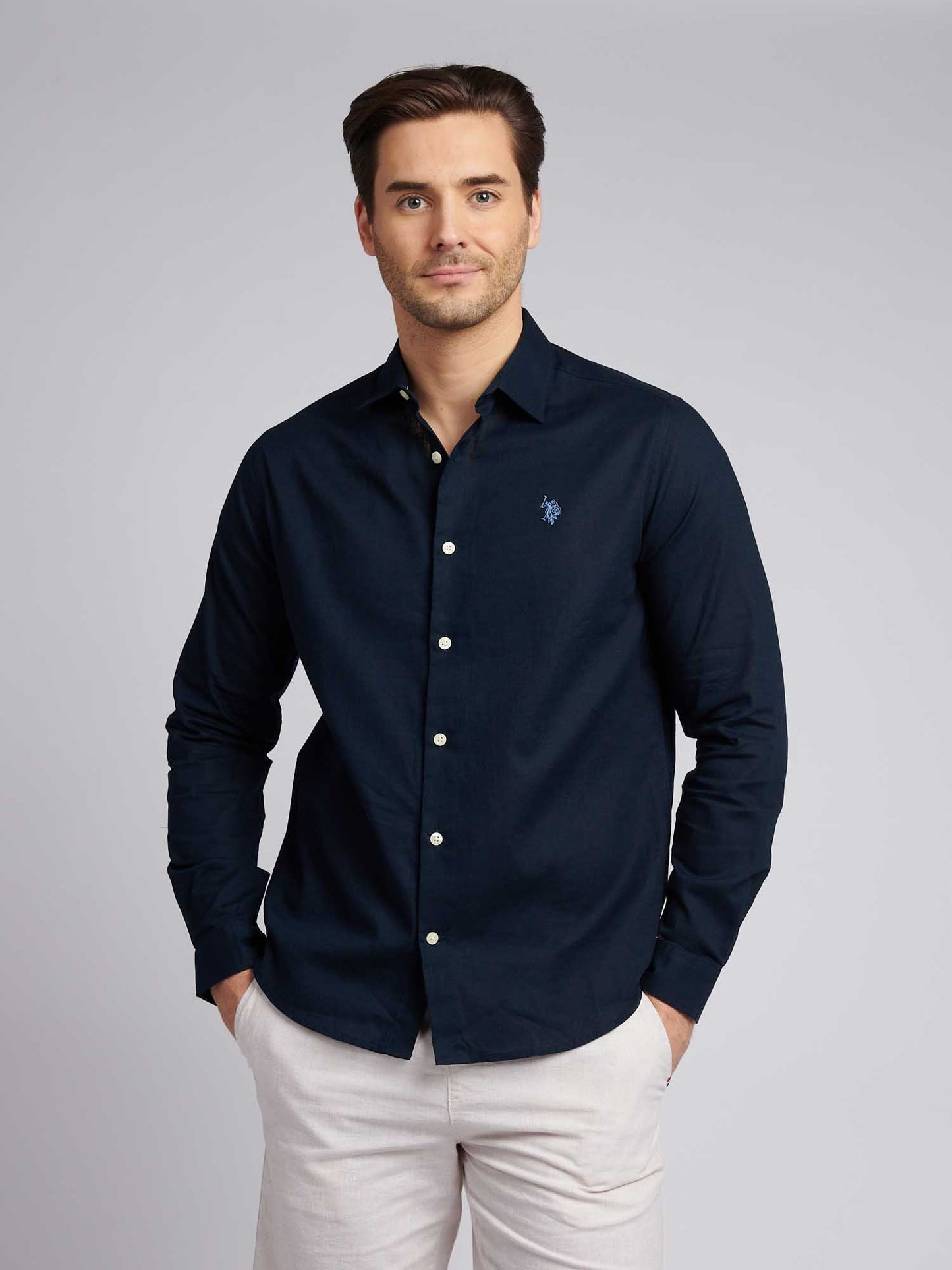 Mens Linen Blend Shirt in Dark Sapphire Navy / Moonlight Blue DHM