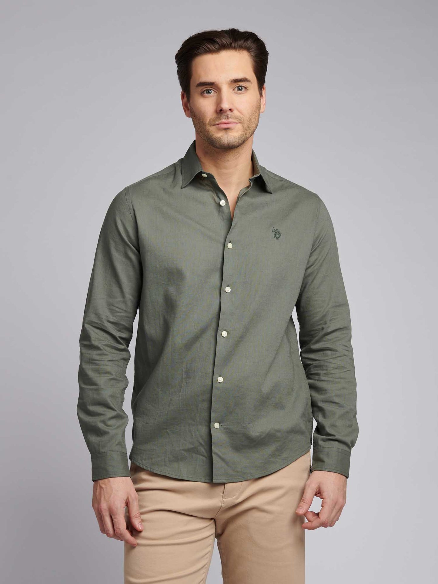 Mens Linen Blend Shirt in Mulled Basil