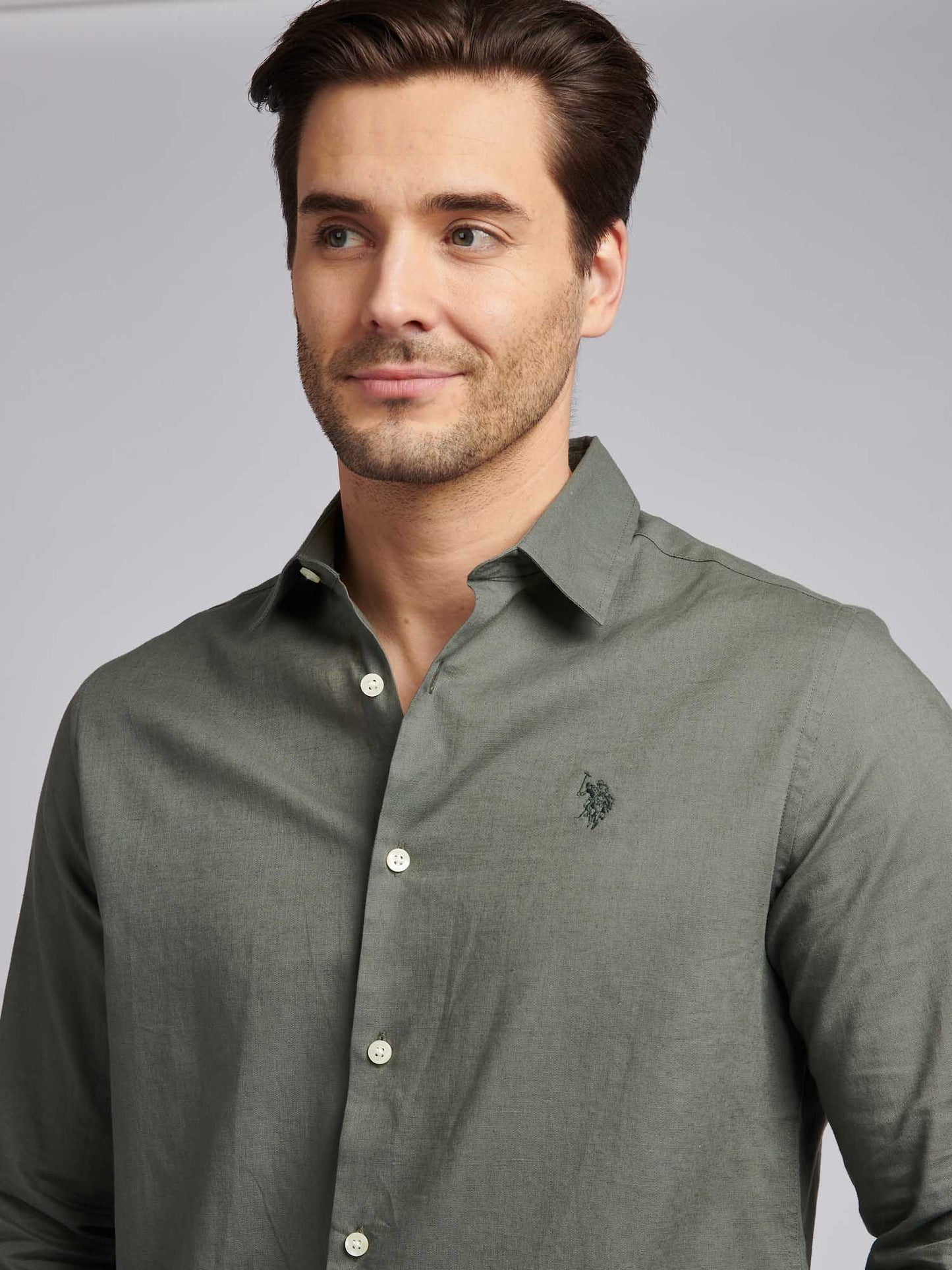 Mens Linen Blend Shirt in Mulled Basil