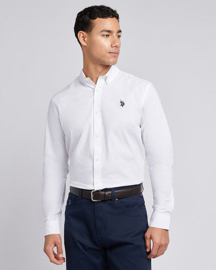 Mens Stretch Cotton Poplin Shirt in White / Dark Sapphire Navy DHM