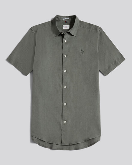 Mens Linen Blend Short Sleeve Shirt in Mulled Basil