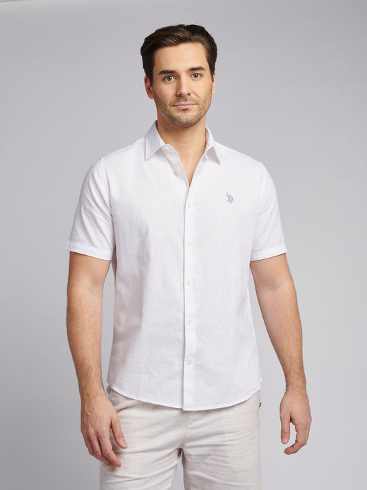 Mens Linen Blend Short Sleeve Shirt Bright White / Harbour Mist
