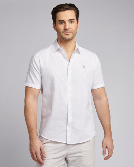 Mens Linen Blend Short Sleeve Shirt Bright White / Harbour Mist