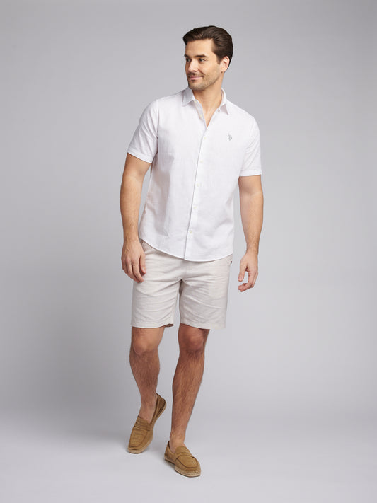 Mens Linen Blend Short Sleeve Shirt Bright White / Harbour Mist