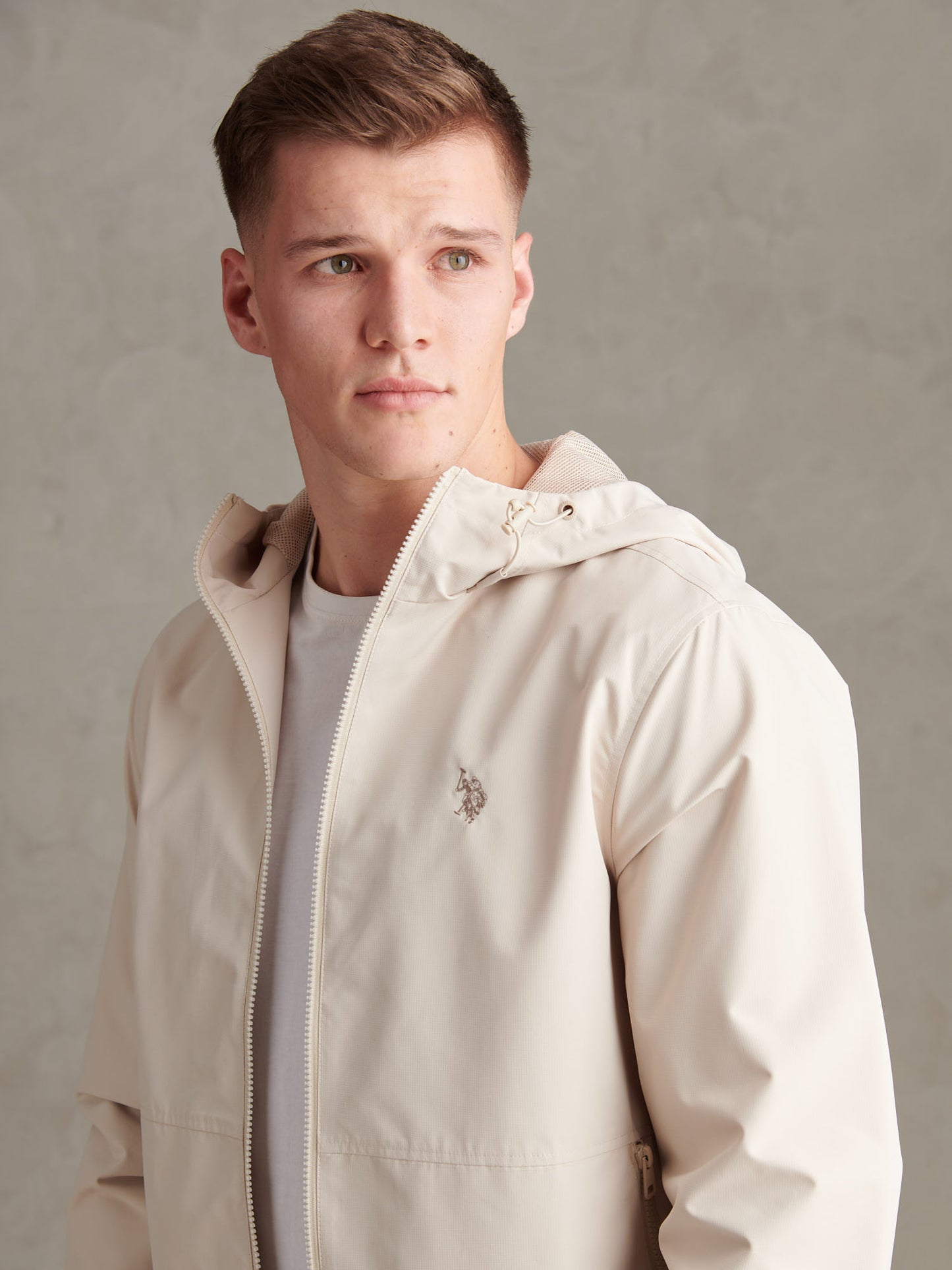 Mens Hooded Windbreaker in Beige