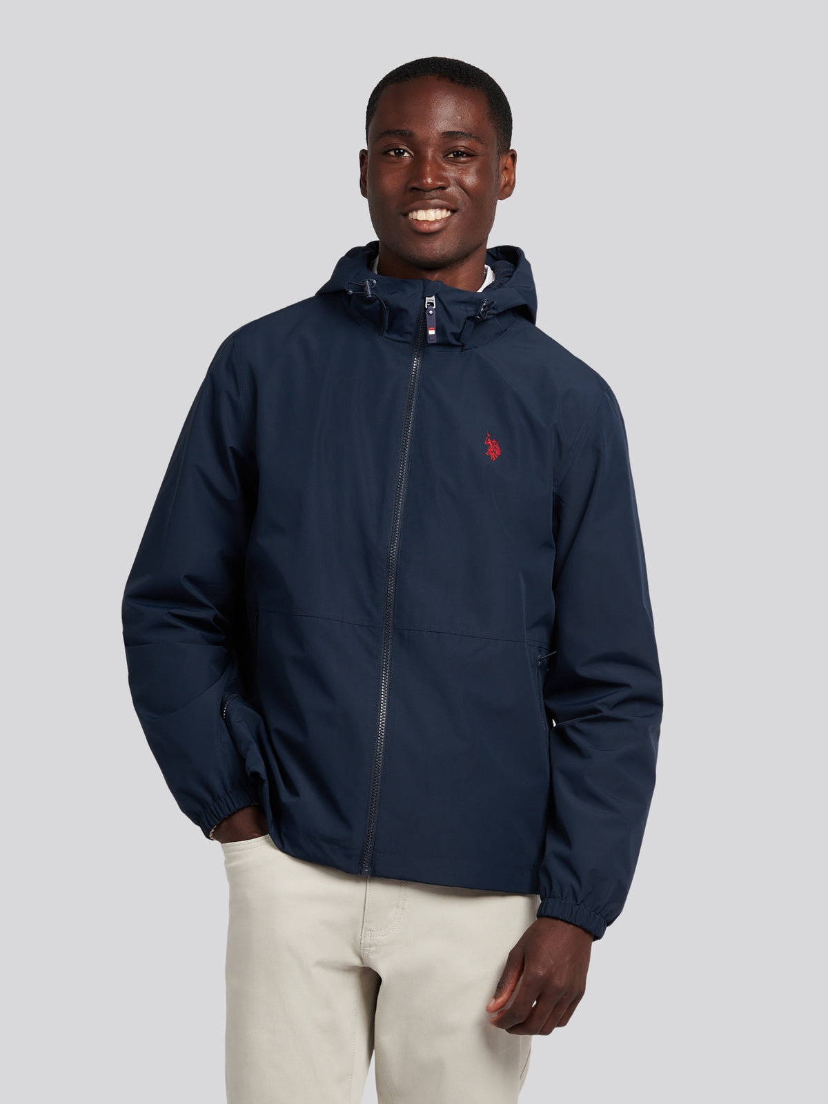 Mens Hooded Windbreaker Dark Sapphire Navy / Haute Red DHM