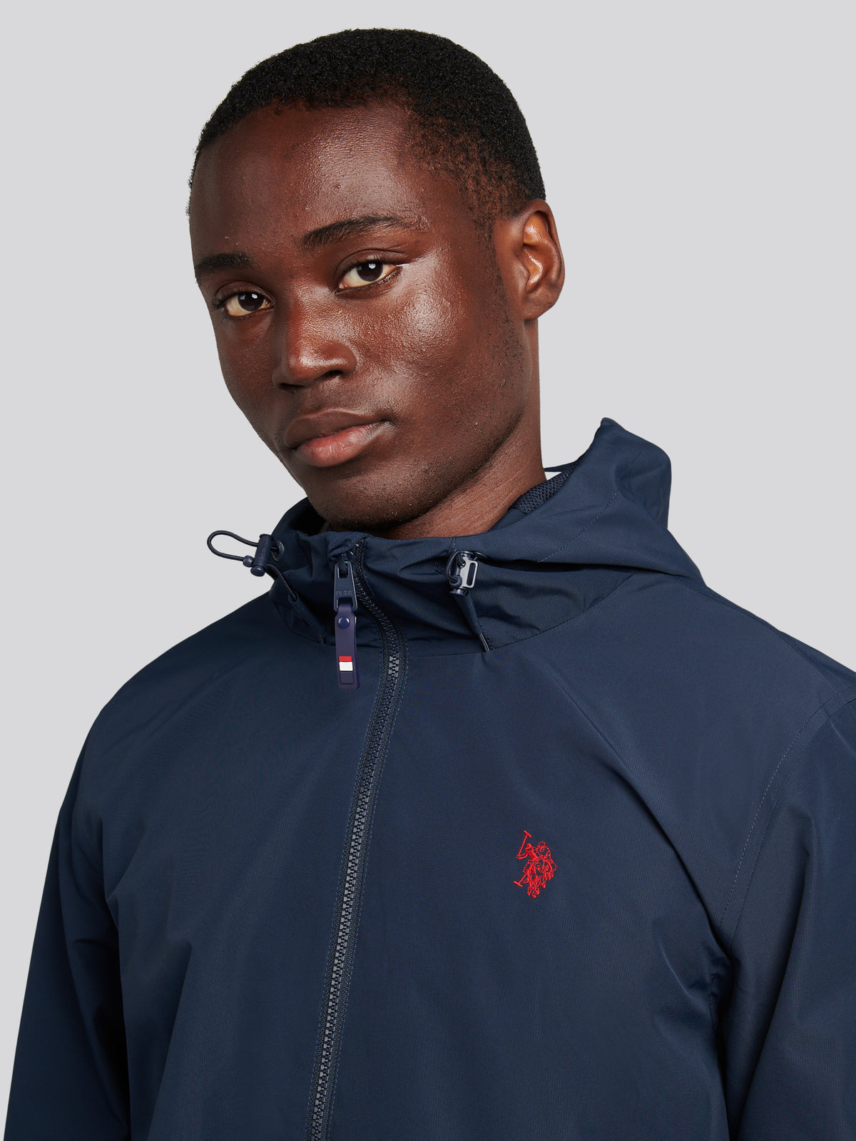 Mens Hooded Windbreaker Dark Sapphire Navy / Haute Red DHM