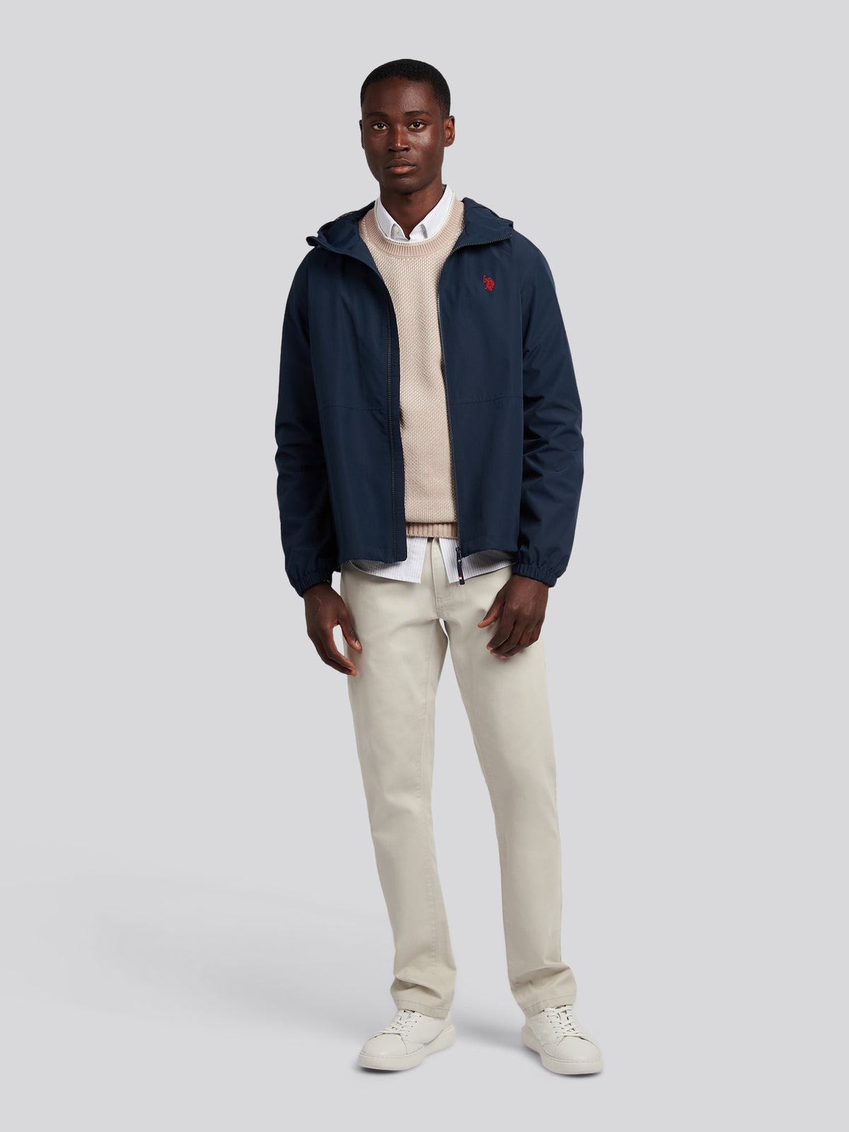 Mens Hooded Windbreaker Dark Sapphire Navy / Haute Red DHM