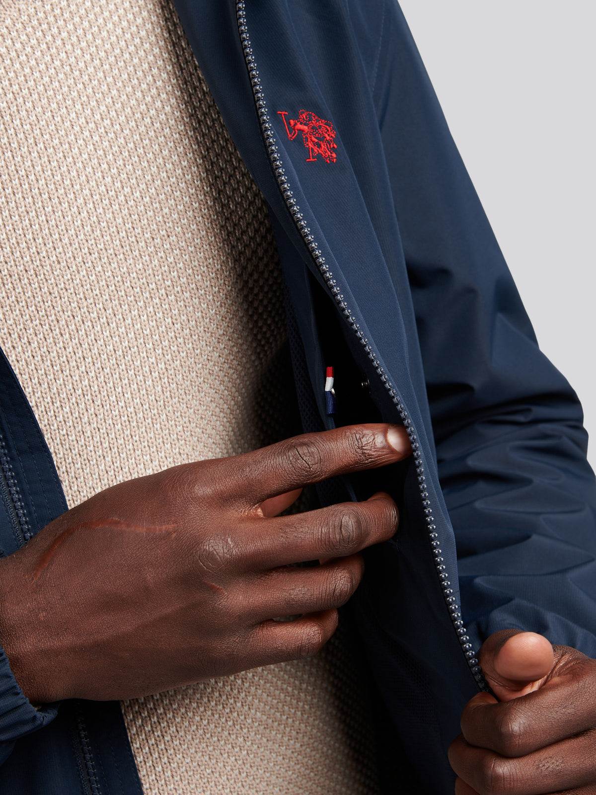 Mens Hooded Windbreaker Dark Sapphire Navy / Haute Red DHM