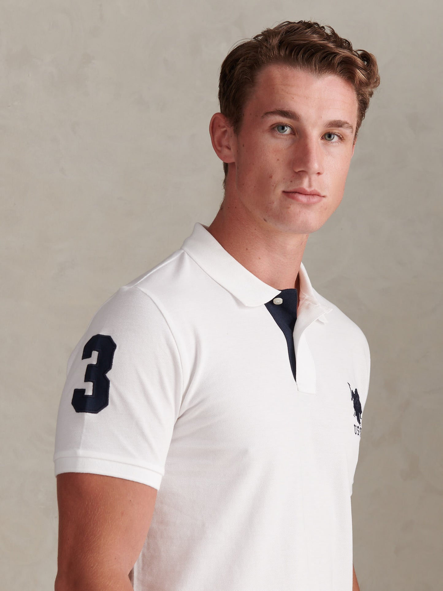 Mens Player 3 Pique Polo Shirt White / Dark Sapphire Navy DHM