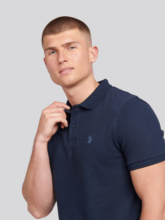 Tekstura męska Terry Polo Shirt w ciemnym szafirowym granatowym/księżycowym światło niebieskim dhm