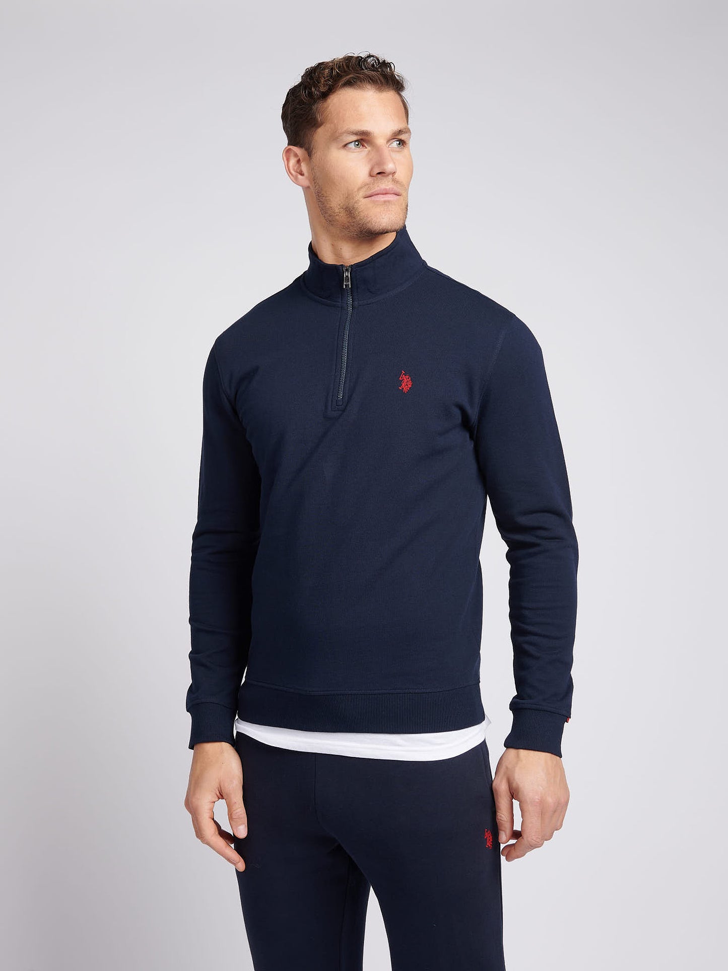 Męskie 1/4 bluza z suwakiem w ciemnym szafirowym granatowym/haute czerwonym DHM