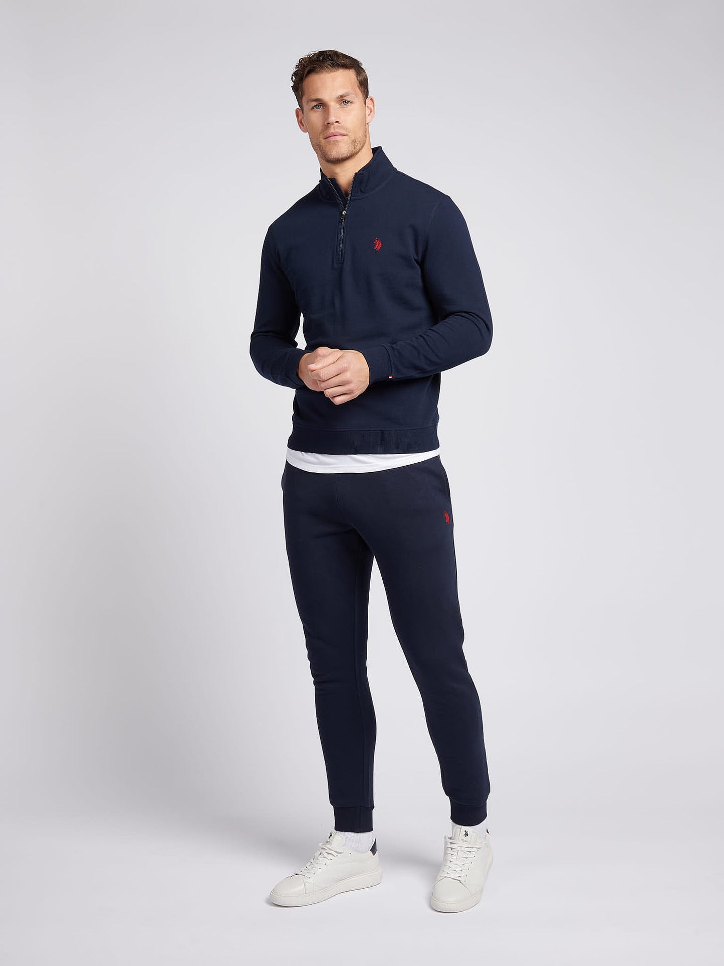 Męskie 1/4 bluza z suwakiem w ciemnym szafirowym granatowym/haute czerwonym DHM