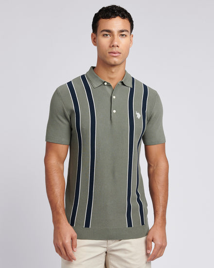 Mens Vertical Stripe Knit Polo Shirt in Mulled Basil