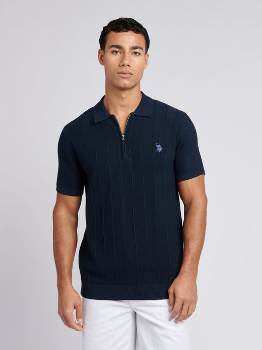 Mens Zip Knit  Polo Shirt Dark Sapphire Navy / Moonlight Blue DHM