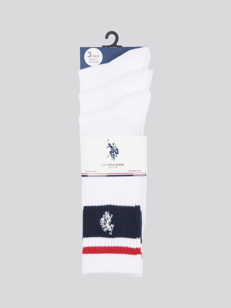 Męskie trzy paczki marki Stripe Sports Sports Socks w jasnej bieli