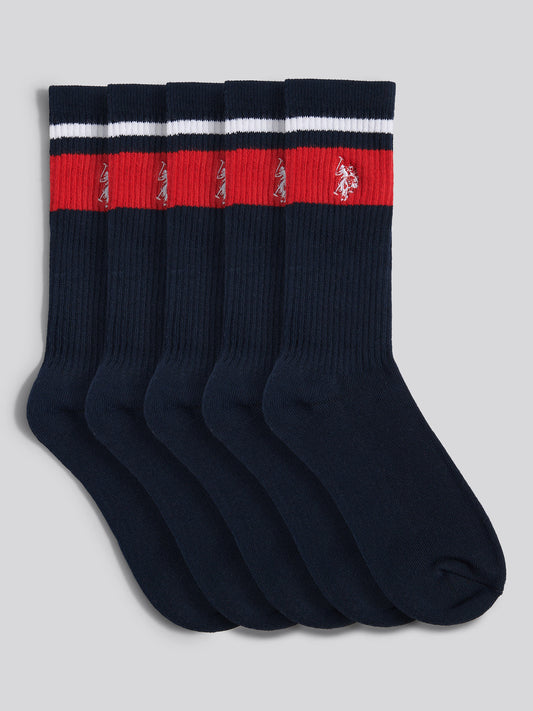 Mens Three Pack Brand Stripe Sports Socks in Dark Sapphire Navy