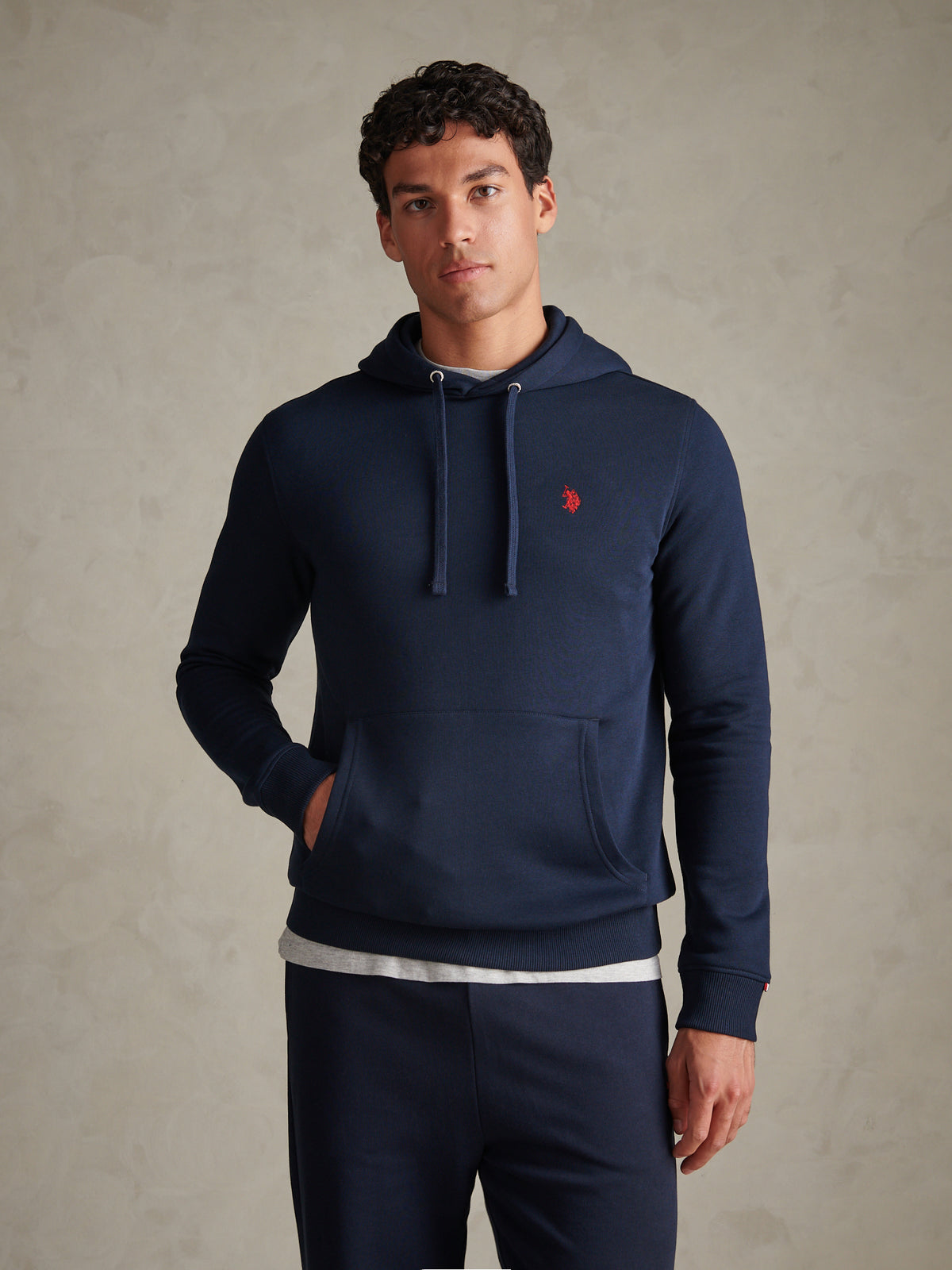 Mens Double Horsemen Embroidered Hoodie Dark Sapphire Navy / Haute Red DHM