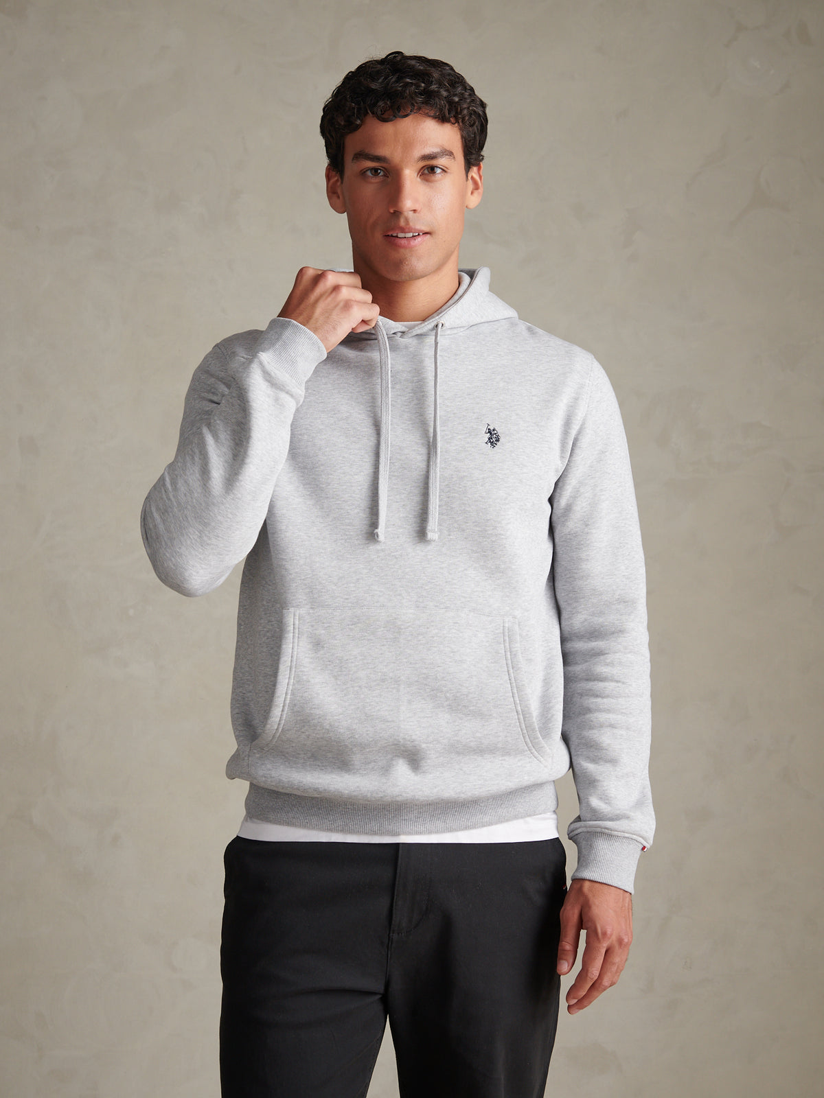 Mens Double Horsemen Embroidered Hoodie Mid Grey Marl